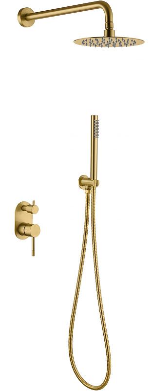 Душевой комплект встраиваемый (ручной, верхний душ, смеситель, шланг, держатель душа), цв. золото матовый, ZZ