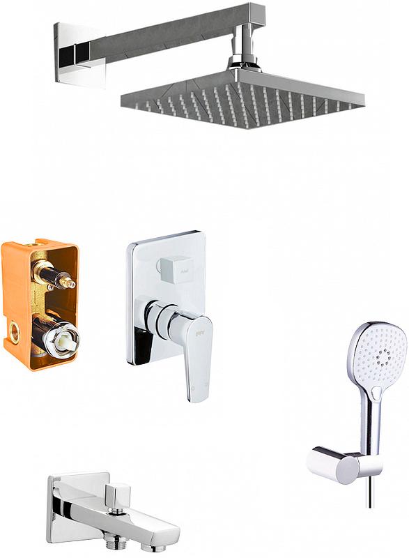 Душевой комплект встраиваемый с внутренней частью, в комплекте : смеситель, излив,  верхний/ручной душ, цв. хром