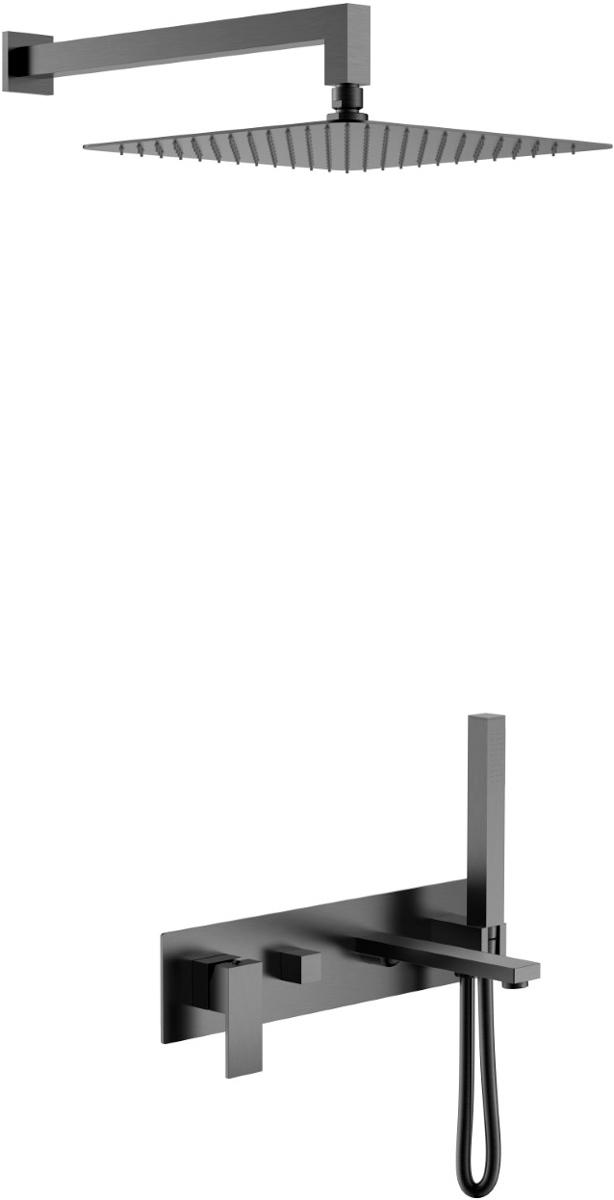 Душевой комплект для ванны/душа : встр.смеситель + внутренняя часть, верхний/ручной душ, излив, держатель, цв. оружейная сталь матовая ZZ