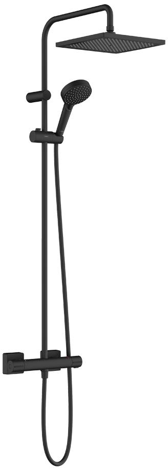 Смеситель для душа (термостат) со стац.верхним душем 240х240мм, ручной душ, шланг в компл., (цв.матовый черный), Vernis Shape Showerpipe 240 1jet ZZ