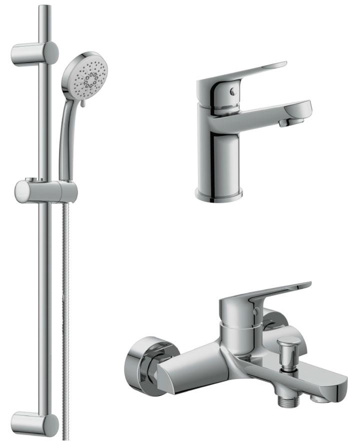 Набор смесителей для ванной : смес.для раковины + смес.для ванны + душевая стойка с лейкой