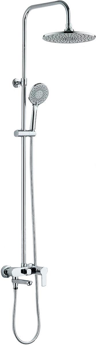Душевая стойка для ванны и душа, поворотный излив, ручной+верхний душ, шланг, цв. хром XX