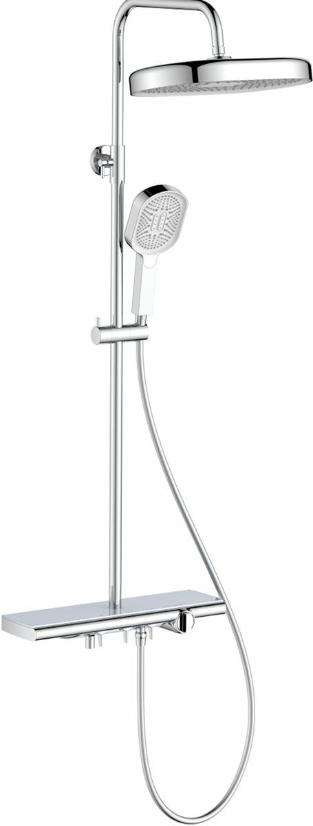 Душевая стойка для ванны и душа, поворотный излив, ручной+верхний душ, шланг, цв. хром
