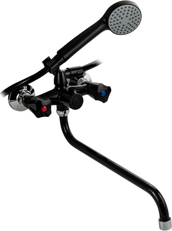 Смеситель для ванны/душа, длинный излив, из высокопрочного пластика АБС, с душевыми аксессуарами, цв. черный ZZ