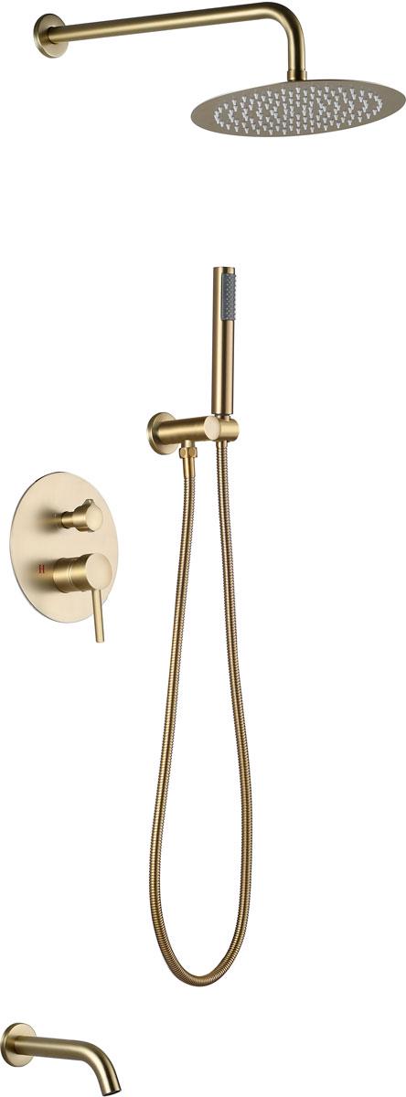 Душевой комплект встраиваемый с внутренней частью, в комплекте : смеситель, излив, верхний/ручной душ, цв. матовое золото