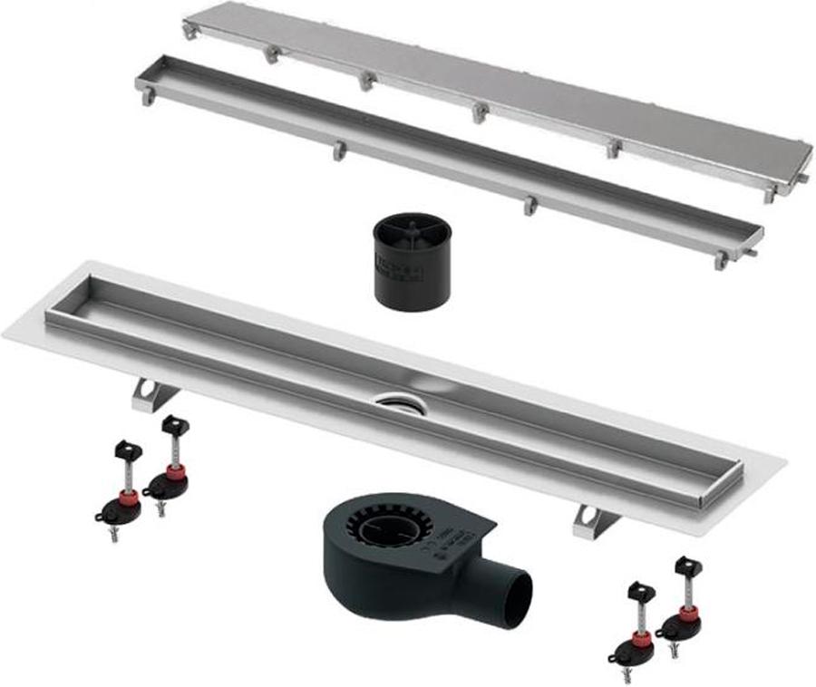 Дренажный канал 900мм,(лоток 840мм)готовый компл,сифон вбок 0,7л/с,ножки,основа д/плитки tile/мат.решетка steel,(без стакана арт.660016)Tecelinus XXZZ