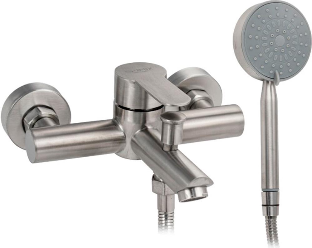 Смеситель для ванны/душа, короткий излив, с душевыми аксессуарами, нержавеющая сталь,  цв. сатин ZZ