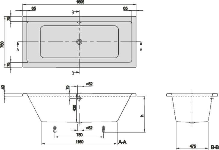 Ванна 1700х700хh410мм, + ножки арт.U99740000, (акрил цв. 01 white), Targa Plus Solo ZZ