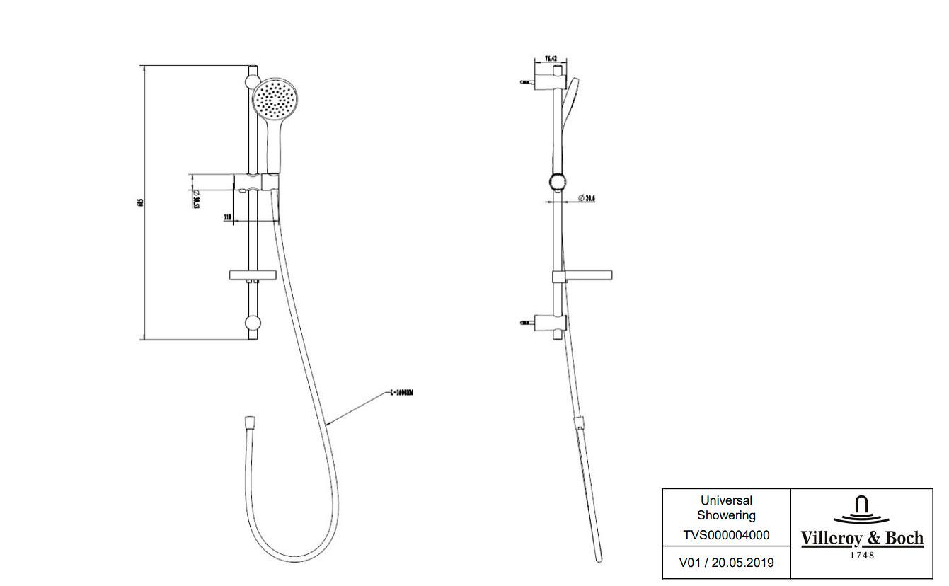 Душевая стойка h605мм, лейка ручн.душа 110мм, 1 режим струи, шланг 1600мм, (цв.хром), V&B ZZ