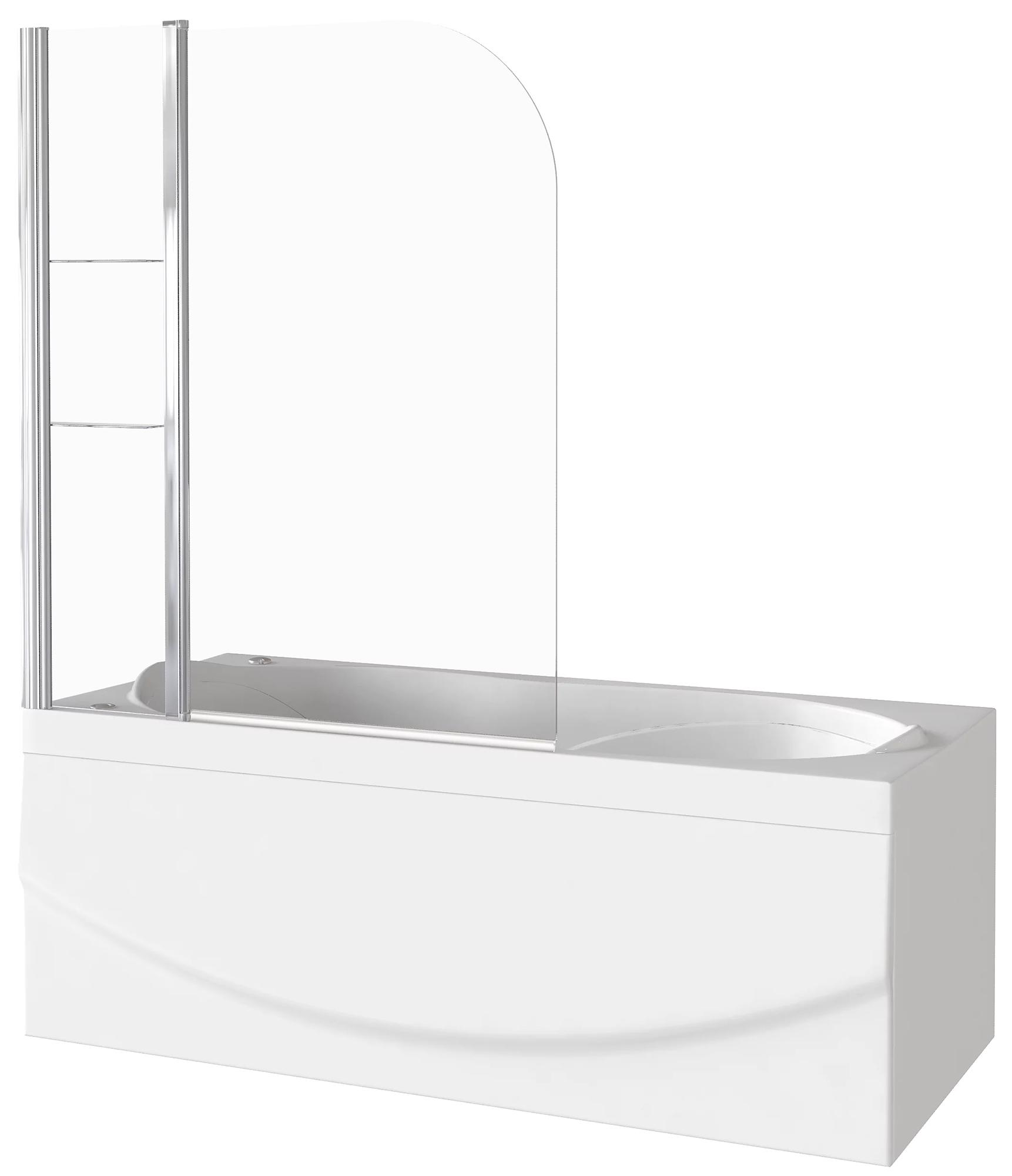 Душевая шторка на ванну, распашная с неподвижн.сегментом с полочками, 100 х h140 см, профиль хром, стекло прозрачное ZZ