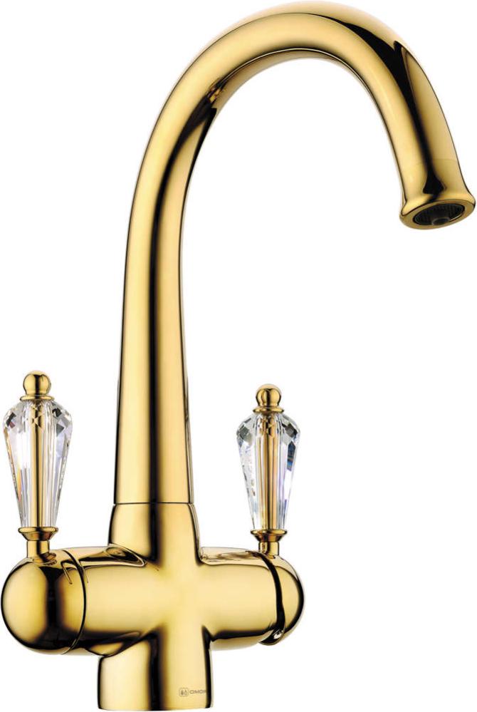 Смеситель Okinawa G для кухонной мойки 15x30x22 см, ручки кристаллы, цвет золото ZZ