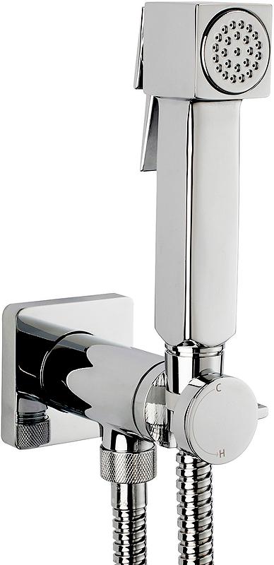 Смеситель совмещённый с гигиеническим душем, квадратн., (готовый комплект: лейка пластик ABS, шланг 125см., скрытая часть), (цв.хром), Cube Brass ZZ