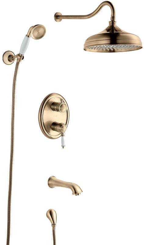 Душевой комплект встраиваемый, внутренняя часть в комплекте, держатель, верхний душ, излив душ гарнитур, см-ль для ванны с душем, цв.бронза ZZ