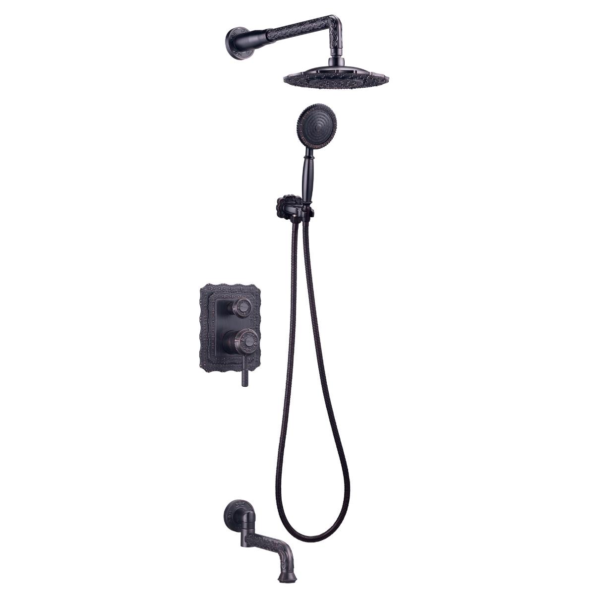Комплект встр. смесителя для ванны/душа (смеситель с внешней и встр.частью, лейка, шланг, верхний душ с кронштейном, излив), цв.черная бронза ZZ
