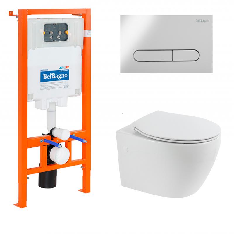 Комплект: унитаз подвесной безободковый, сиденье с микролифтом, инсталляция для подв.унитаза, крепёж, клавиша смыва цв.хром, Prospero ZZ