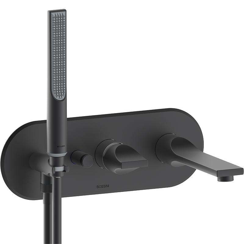 Смеситель для ванны встраиваемый в стену, наружная часть БЕЗ встраиваемой, лейка, шланг в компл., (цв.черный матовый), Apice ZZ