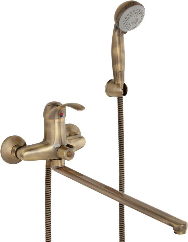 Смеситель для ванны/душа, длинный излив 350 мм, с установочным комплектом, аксессуарами, бронза XX