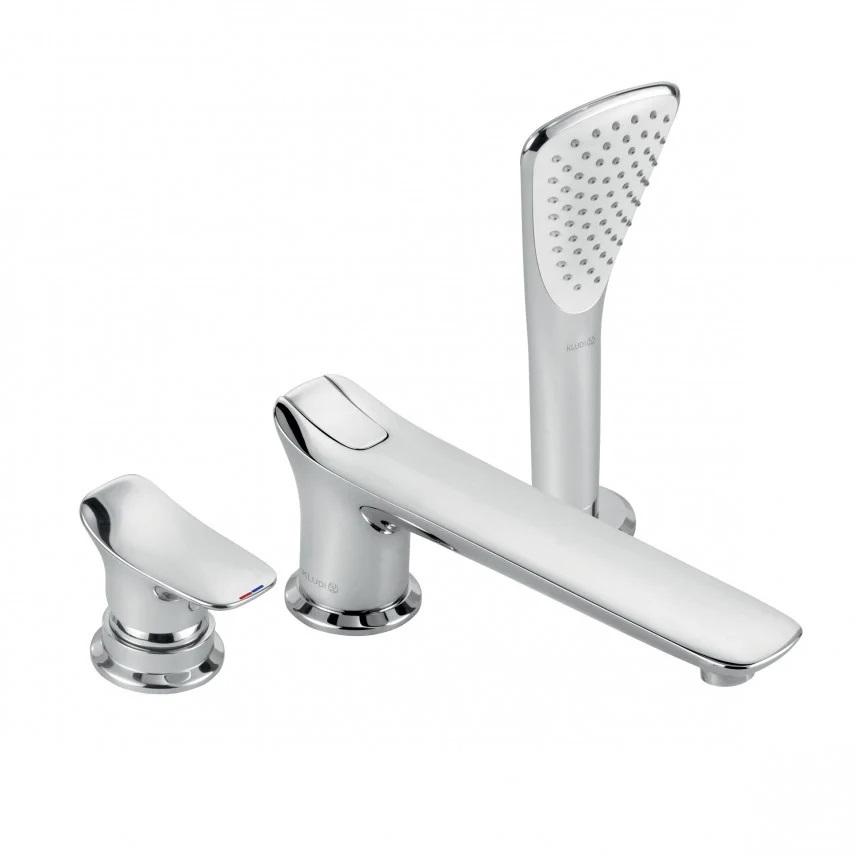 Однорычажный смеситель на борт ванны, д/душа Ambienta, на 3 отверстия, излив 223 мм,выдвижная лейка, душ. шланг 1500мм, цв.хром, ZZ
