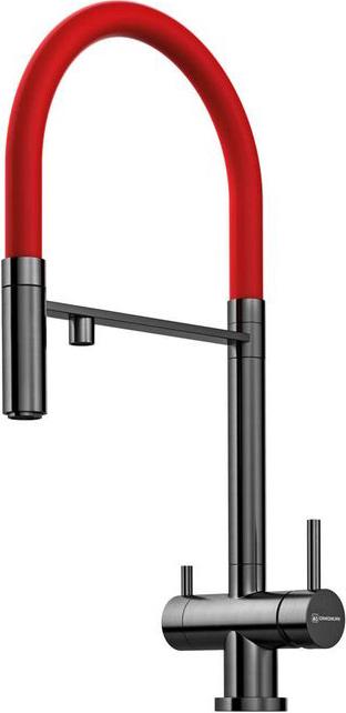 Смеситель для кухни, гибкий излив, цв. вороненая сталь/красный ZZ