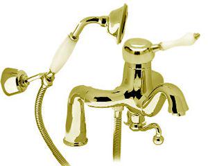 Смеситель д/в, встраив.в борт на 2 отв.,в компл. шланг,лейка,кронштейн,(maniglia PL / рукоятка с пластик. вставкой белого цвета),(цв.зол)Piccadilly ZZ