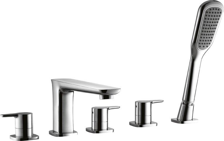 Смеситель для ванны, встраиваемый в борт, на 5 отв., лейка, шланг в компл., (цв. хром), Tesoro ZZ