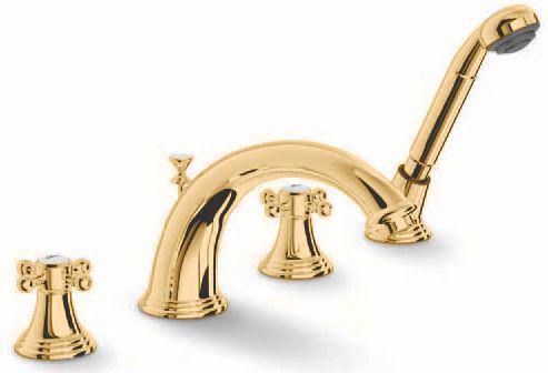 Смеситель для ванны, встраиваемый в борт на 4 отв., излив, рычаги перекл., лейка, шланг, соединит. шланги в компл. (цв.латунь) Retro ZZ