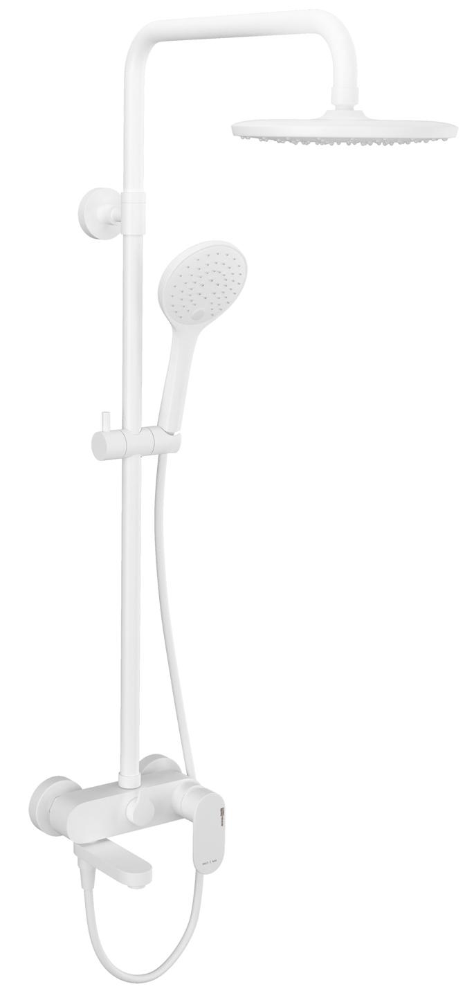 Смеситель для ванны/душа, со стационарным верхним душем d22,5см., шланг, лейка, кронштейн в компл., (цв.белый), Mindel ZZ