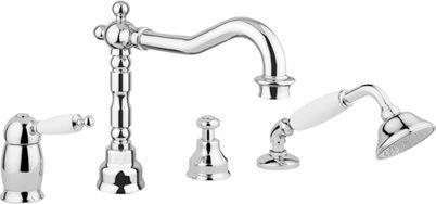 Смеситель для ванны, встраиваемый, на 4 отв., лейка, шланг в компл., (цв. золото, ручка цв. белый), Canterbury ZZ