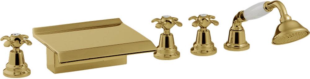 Смеситель для ванны, встраиваемый в борт ванны на 5 отв., излив каскад, с душ. гарнитуром, (цв.золото), Nuova Retro ZZ