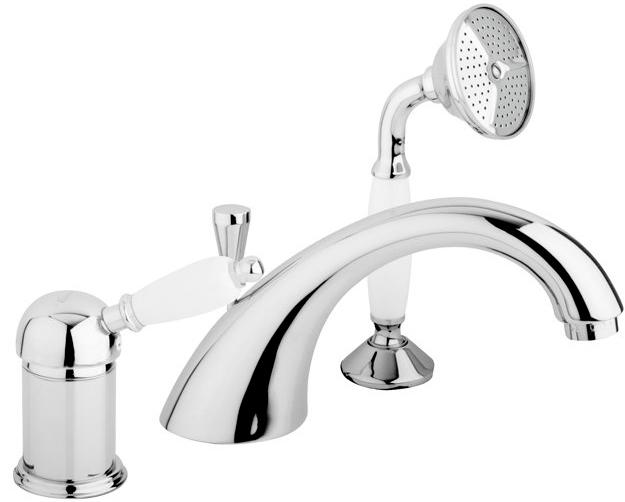 Смеситель для ванны встраиваемый в борт на 3 отв., с душевым гарнитуром (лейка, шланг), (цв.хром, ручка цв.белый), Elite ZZ