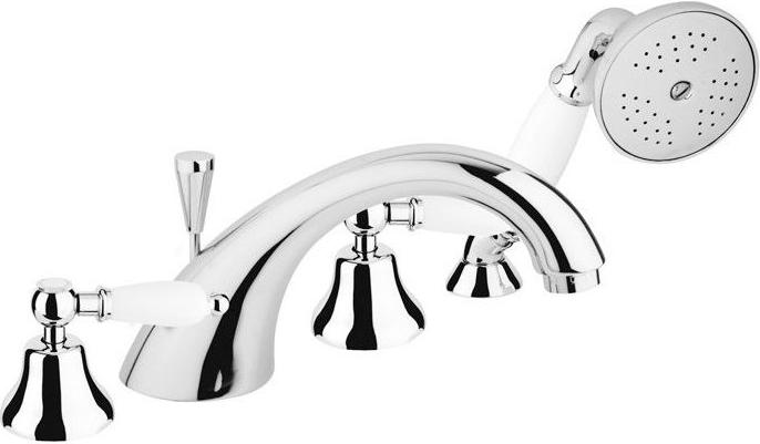Смеситель для ванны, врезной на борт, на 4 отв., шланг, лейка в компл., (цв. хром, ручки белые), First ZZ