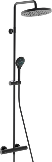 Смеситель-термостат для душа, со стационарным верхним душем пластик d250мм, ручн.душевая лейка 3 режима, шланг в компл., (цв.черный матовый), Elios ZZ